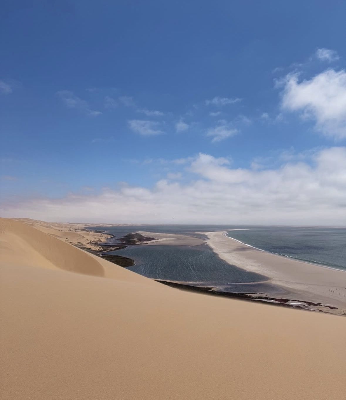 4x4-Fahrzeug überquert Gezeitenflats auf der Küstenpiste zwischen Walvis Bay und Sandwich Harbour, Namibia
